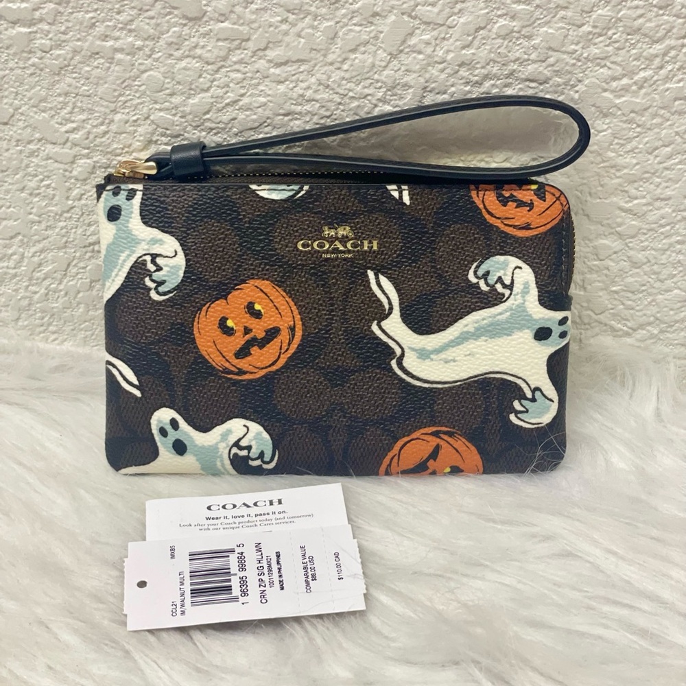 Coach Corner Zip Wristlet CCL21 Signature Canvas Halloween With Ghost Pumpkin
